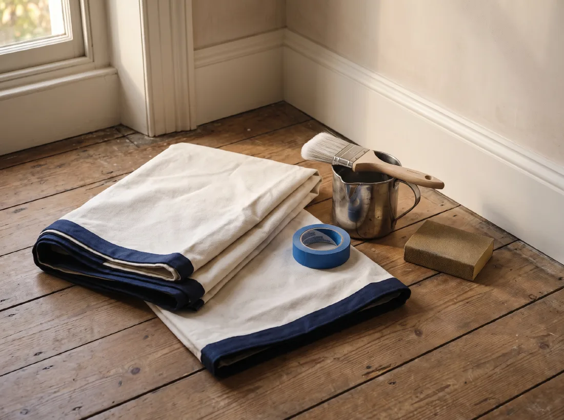 A painter's prepared work area — folded drop sheet, masking tape, sash brush and paint kettle